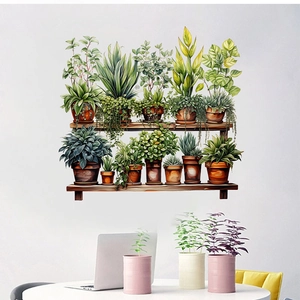 Self-adhesive wall decals featuring green potted plants on wooden shelves for home decor