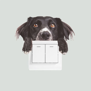 3D realistic border collie wall sticker showing a dog peeping behind a light switch deco