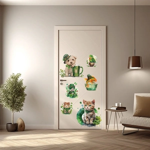 St. Patrick's Day pet wall decals featuring watercolor animals and shamrocks on a white door