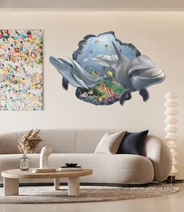 Detailed view of 3D dolphin wall sticker showing underwater ocean scene with vivid corals
