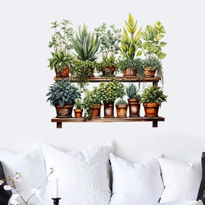 Self-adhesive wall stickers with potted green plants and wooden shelves for home decor