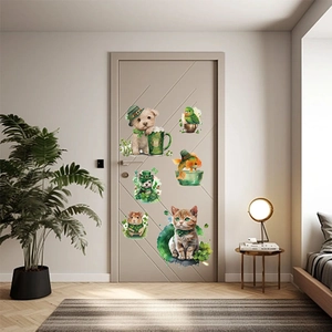 St. Patrick's Day pet stickers set with watercolor dogs and cats on a bedroom door