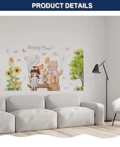 Detail of Happy Time wall sticker showing cartoon animals and flowers in a living room