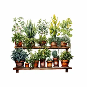 Self-adhesive wall sticker featuring green potted plants on a wooden shelf for home decor