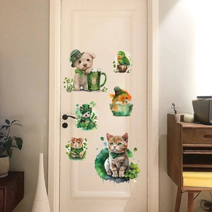 St. Patrick's Day pet wall stickers featuring cartoon dogs and cats on a white door