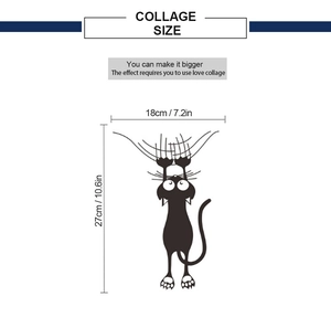 Detailed view of black cartoon climbing cat wall sticker showing 18x27cm dimensions