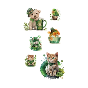 St. Patrick's Day pet stickers featuring animals with green hats and shamrocks
