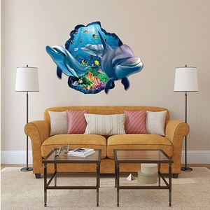 3D ocean wall sticker with blue dolphins and coral reef for living room decor