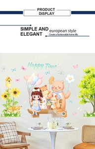 Detail view of cartoon girl and animals wall decals in cozy bedroom scene setting