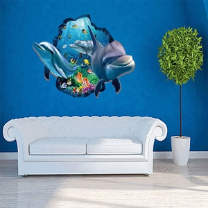 3D ocean dolphin wall stickers featuring colorful tropical fish for living room decoration