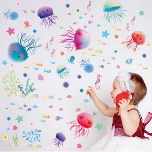Waterproof PVC Cartoon Sea Animals Wall Stickers Jellyfish Seahorse Starfish Decals For Bathroom Nursery Kids Room Decor