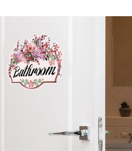 Floral bathroom door wall sticker with pink flowers and artistic Bathroom text on white door
