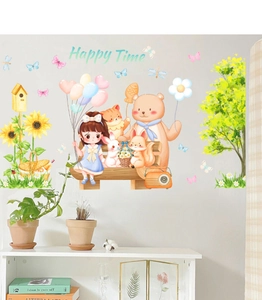 Detail of cartoon wall stickers featuring a girl and forest animals with colorful balloons