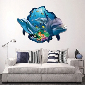 3D ocean world wall sticker with dolphins and coral reef for a modern living room