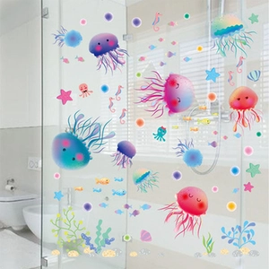 Colorful marine life wall decals featuring jellyfish and coral for bathroom glass decor