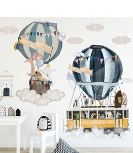 Stickers muraux enfant avec montgolfières aquarelle et animaux pour chambre de bébé