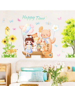 Detailed wall sticker layout featuring cute animals, flowers, and Happy Time text design