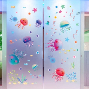 Marine life wall stickers with colorful jellyfish and seahorses for bathroom glass decor