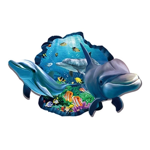 3D ocean wall sticker with blue dolphins and tropical fish in a broken wall visual design