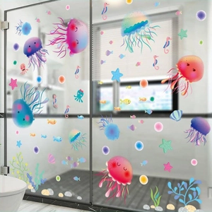 Colorful marine sea animal wall stickers with jellyfish and seahorses for bathroom glass