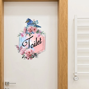 Floral toilet door sticker with blue bird and pink flowers on white background