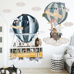 Stickers Muraux Animaux de Dessin Animé Montgolfière PVC Amovible Aquarelle Peint à la Main pour Chambre d'Enfant Décoration Maison