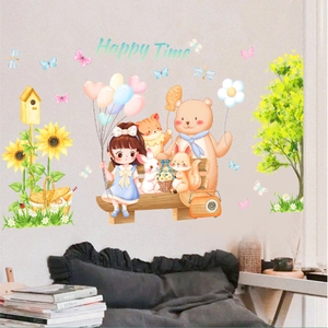 Cartoon girl and animals on a swing wall sticker with Happy Time text for kids room decor