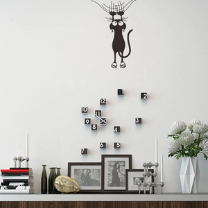 Funny black climbing cat wall stickers set with modern 3D DIY cube number clock