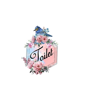 Sticker mural de toilette avec fleurs roses, oiseau bleu et cadre artistique hexagonal