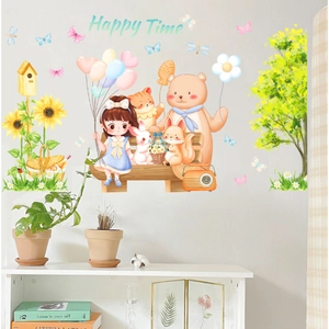 Cartoon girls and animals wall stickers featuring Happy Time text and sunflower motifs