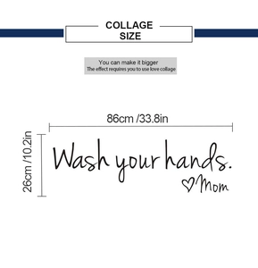 Detailed dimension guide showing wash your hands wall sticker measuring 86cm by 26cm