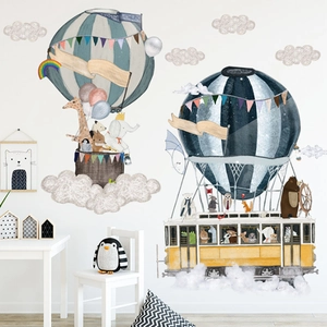 Stickers muraux enfant avec montgolfière aquarelle et animaux pour décor de chambre