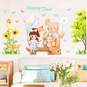 Cartoon girl and animals wall decal with Happy Time text for living room decor