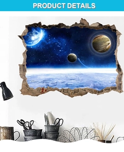 3D cracked wall space sticker showing planets and nebulae in a home office setting