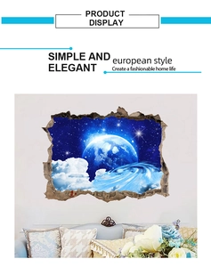 3D broken wall effect wall sticker with blue Earth and starry sky for room decor