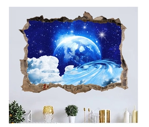 Detail of 3D cracked wall sticker showing space galaxy and earth on a white wall