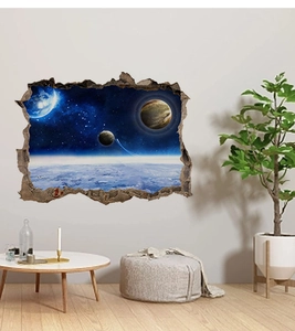 3D outer space broken wall sticker showing planets and nebulae in a modern living room