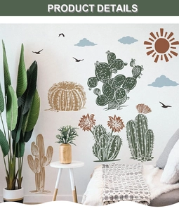 Close-up of bohemian cactus and sun wall stickers in a modern living room setting