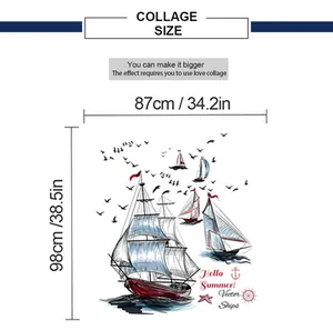 Detailed size chart showing sailboat wall sticker dimensions of 87cm width and 98cm height