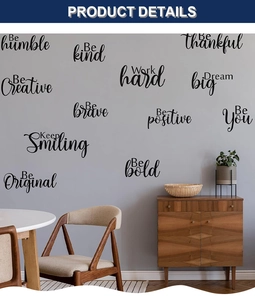 Detail of black motivational vinyl wall decals with hand-lettered quotes on a grey wall