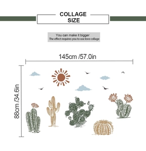 Detail of desert wall stickers showing sun, birds, and cacti with dimensions of 145x88 cm