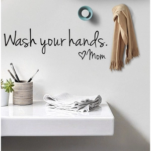 Wash your hands Mom wall decal quote in black script for bathroom decor and wall styling