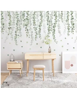 Detail of Nordic green eucalyptus leaf wall stickers with watercolor vine textures
