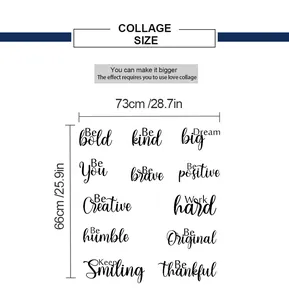 Size guide for English quote wall decals showing collage dimensions 73cm by 66cm