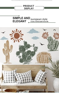 Detail showing Nordic sun and cactus wall stickers in an elegant living room scene