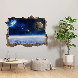 3D outer space wall sticker featuring planet through broken wall effect for room decor