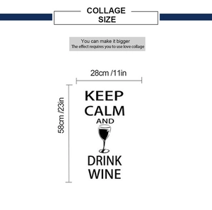 Detail view of Keep Calm and Drink Wine wall sticker showing dimensions 28x58cm