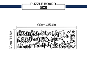 Detailed dimension guide showing 90x30cm wall sticker with motivational English phrases