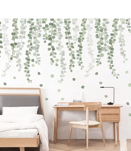 Detailed watercolor eucalyptus wall sticker displayed in a minimalist bedroom setting