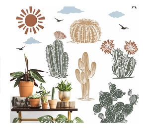 Detailed view of sun, clouds, birds and cactus wall stickers in hand-drawn style